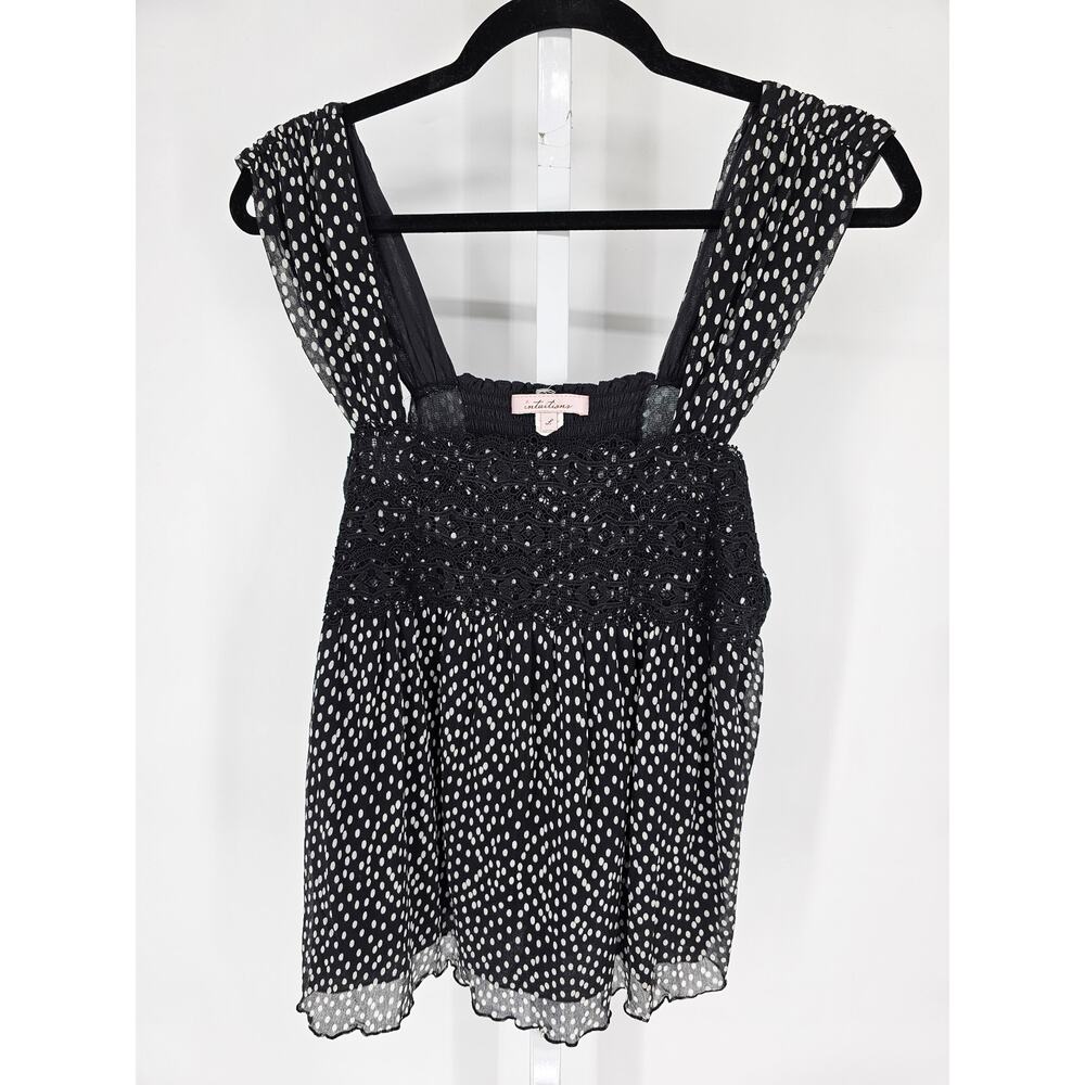 Vtg Intuitions Womens Sz L Babydoll Blouse Black White Polka Dot
